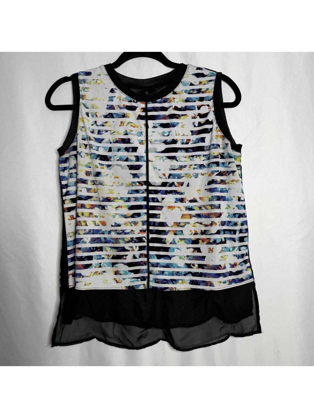 Women's Worthington Print Top Petite Medium Black White Stripe  Color Floral